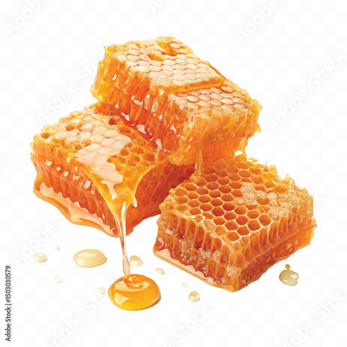 realistic  glossy honeycomb with flowing liquid honey  isolated on transparent background