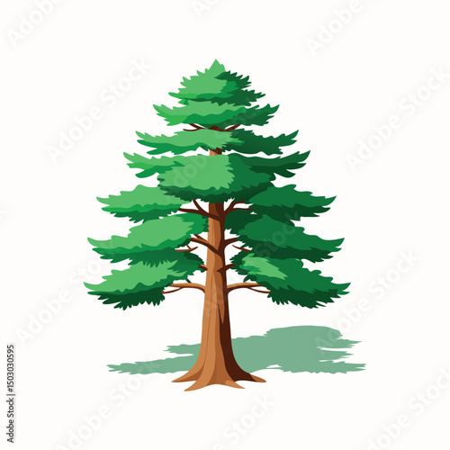 Illustration of a tall, detailed evergreen tree with lush green foliage.