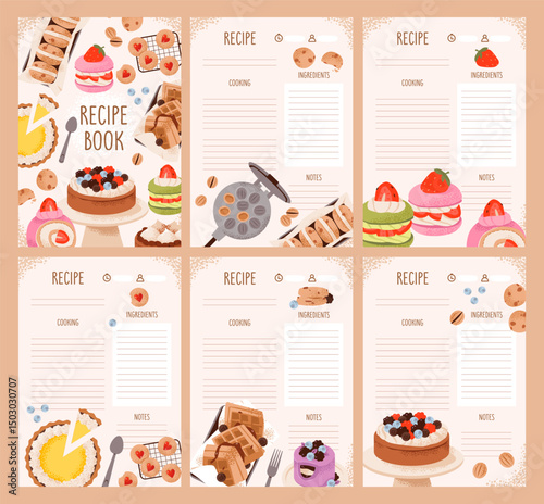 Flat vector illustration of dessert recipe sheets with cupcakes, cookies, and pie. Organized recipe pages with sweets and bakery illustrations. Homemade desserts, ingredients