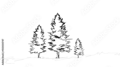 Majestic Evergreens Ink Sketch of Three Coniferous Trees in Winter Landscape