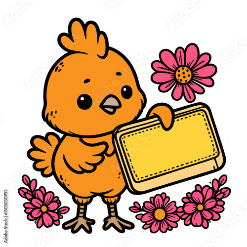 Adorable Baby Chick with Blank Sign and Flowers