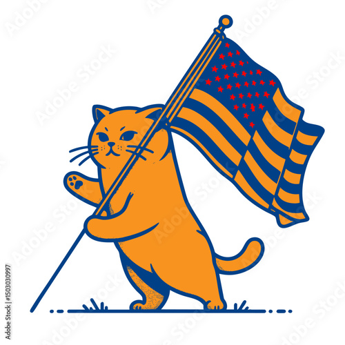 Patriotic Cat Holding American Flag: Cute Cartoon Illustration