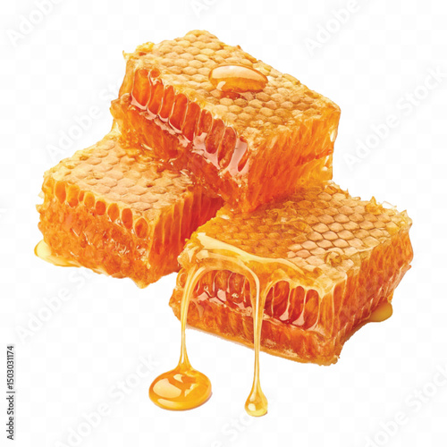 realistic  glossy honeycomb with flowing liquid honey  isolated on transparent background