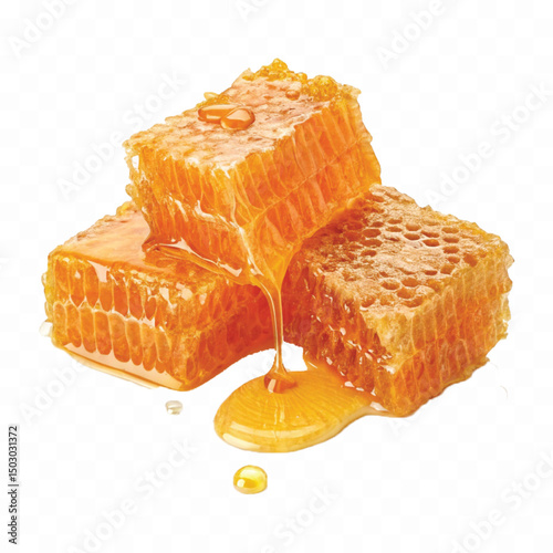 realistic  glossy honeycomb with flowing liquid honey  isolated on transparent background