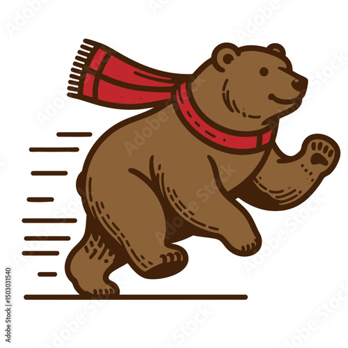 Running Bear in Winter Scarf: A Whimsical Illustration