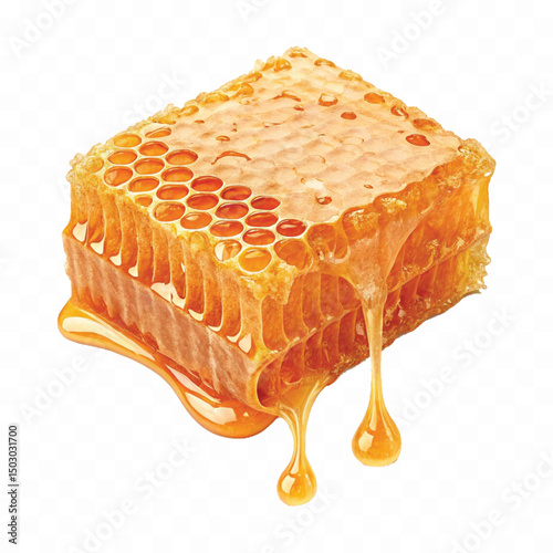 realistic  glossy honeycomb with flowing liquid honey  isolated on transparent background