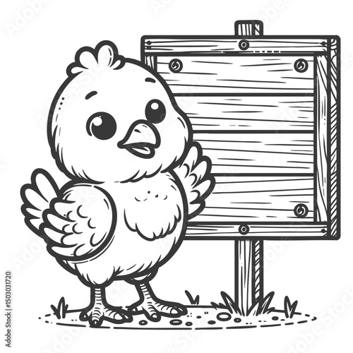 Adorable Baby Chick with Blank Wooden Sign