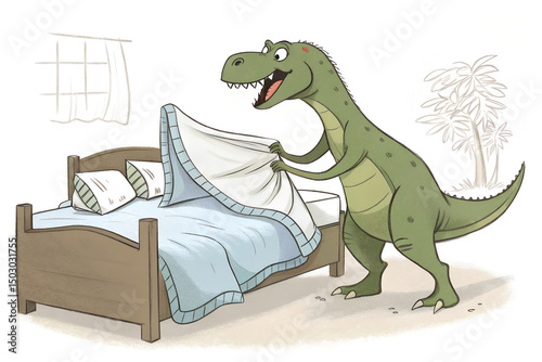 T-Rex Trying to Make a Bed – Funny Dinosaur Illustration with Tiny Arms Problem