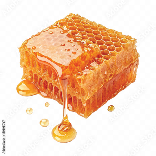 realistic  glossy honeycomb with flowing liquid honey  isolated on transparent background