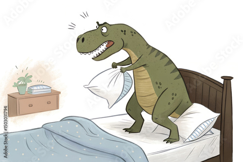 T-Rex Trying to Make a Bed – Funny Dinosaur Illustration with Tiny Arms Problem