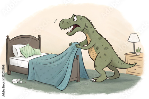 T-Rex Trying to Make a Bed – Funny Dinosaur Illustration with Tiny Arms Problem