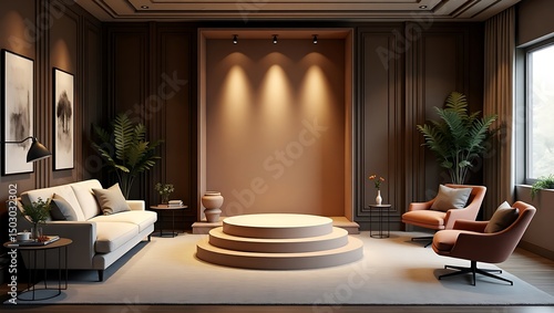 Elegant Brown Living Room Interior Design with a Stylish Display Podium