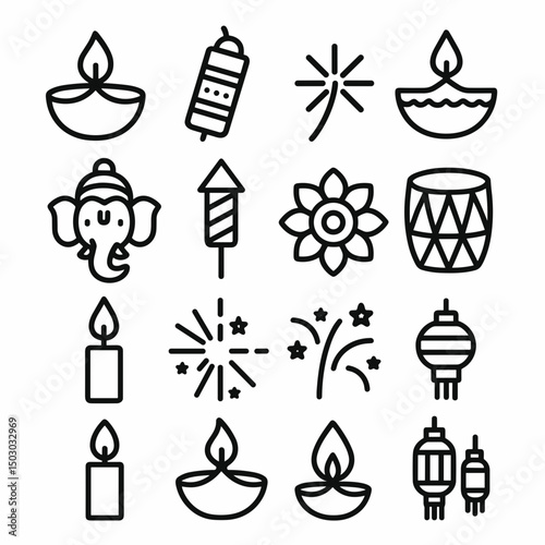 Minimalist Outline Diwali Icon Set with Traditional Elements and Symbol Collection