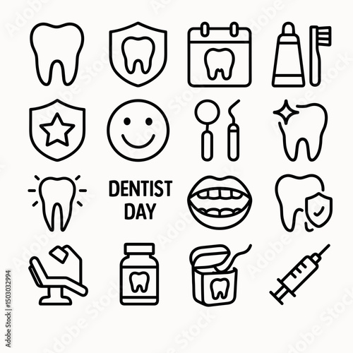 Minimalist Lineart Dentist Day Icon Set Dental Hygiene Outline Elements