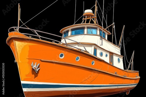 Classic Orange and White Wooden Boat on Black Background