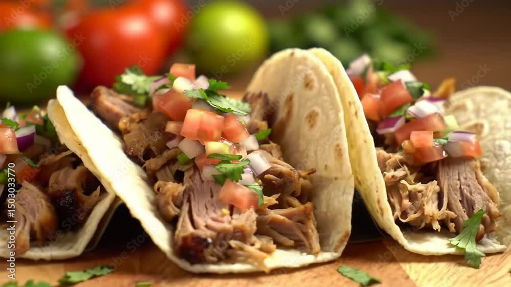 Cinematic close-up of street-style carnitas tacos with pico de gallo, dynamic orbit and zoom, rustic board, vibrant daylight