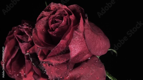 Closer look of the wet moisty red petals of the roses inside the dark room with the fire flame. photo