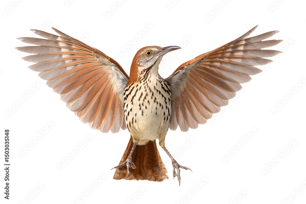 A Brown Thrasher bird with its wings outstretched showing the beautiful feathers in great detail. The bird is captured in a dynamic pose against the backdrop of a serene. A Brown Thrasher bird with its wings outstretched showing the beautiful feathers in great detail. The bird is captured in a dynamic pose against the backdrop of a serene.