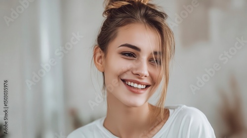 A joyful woman with a bright smile  radiating warmth and confidence.