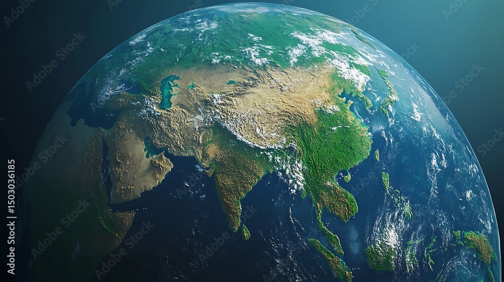 Fototapeta premium High definition earth photo from space focusing on Asia continent featuring varied terrain, water bodies, and clouds image