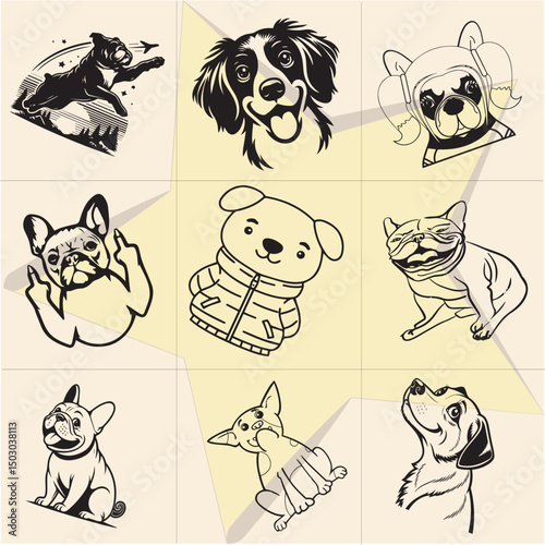 Happy mood dog vector black and white set-42