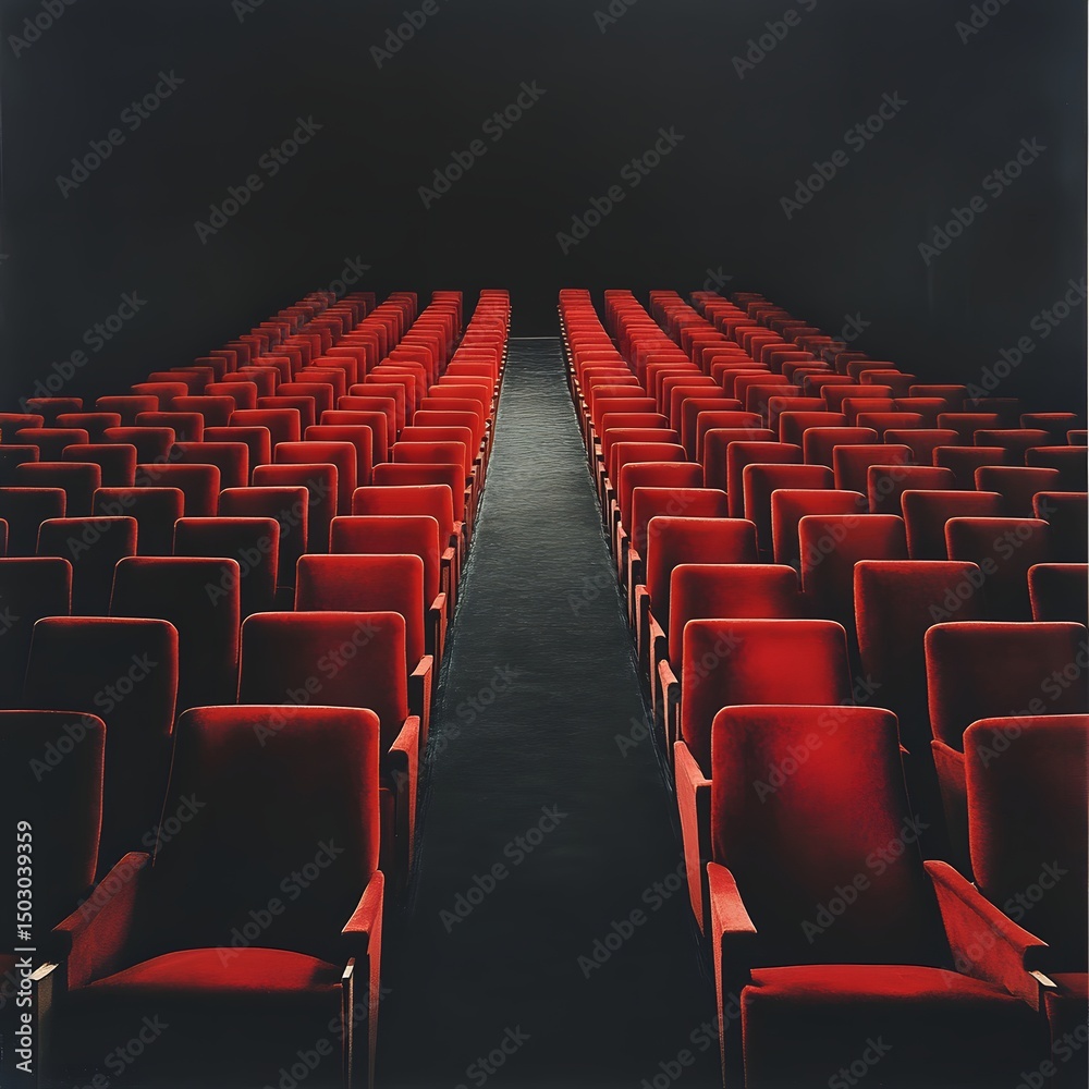 Obraz premium A striking wide-angle shot of pristinely arranged empty theater seats, their plush red (or velvet blue) upholstery glowing under soft house lights.