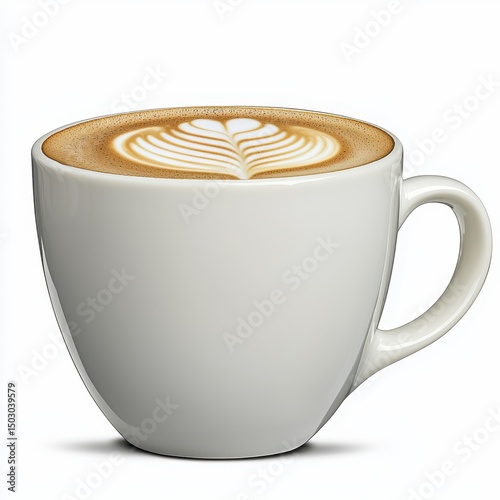 Close Up White Mug Filled with Latte with Beautiful Latte Art on a White Background