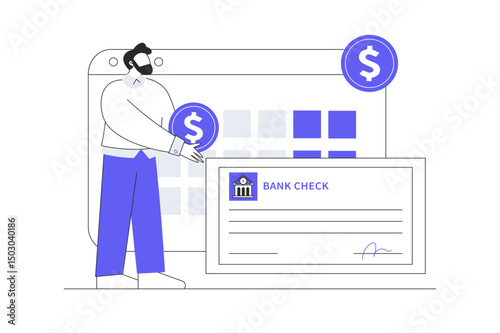 Bank account, credit rating, paycheck concept. Bank check. Man character holding dollar coin in arms. Flat Cartoon Vector Illustration, icon. Stylish abstract design landing page