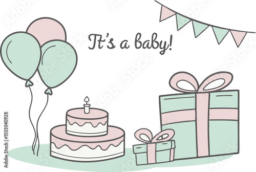 Adorable Baby Celebration with Cake, Gifts, and Balloons in Soft Pastel Colours