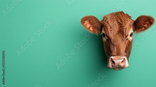 Closeup of Brown Cow with Nose Ring on Pastel Green Background