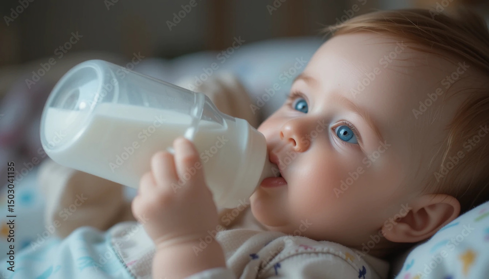 Charming blue-eyed baby 7 month old lies in bed and drinks milk from a bottle
Charming blue-eyed baby 7 month old lies in bed and drinks milk from a bottle