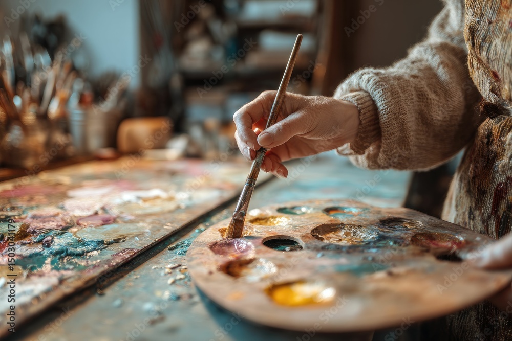 Obraz premium A close-up of a person holding a paintbrush and palette