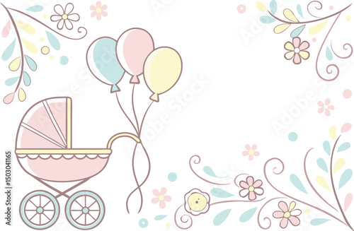 Sweet Pastel Baby Carriage with Balloons and Floral Accents in Whimsical Design
