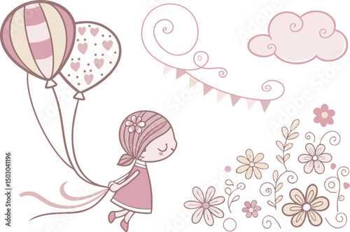 Whimsical Girl with Balloons and Floral Dreams in Soft Pastel Illustration
