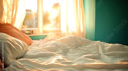 Bright morning sunlight illuminating unmade bed in cozy bedroom with pillows and white linens