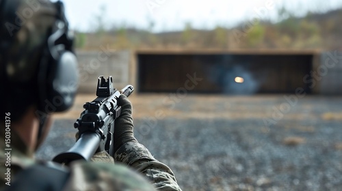 Soldier Firing Rifle at Outdoor Range