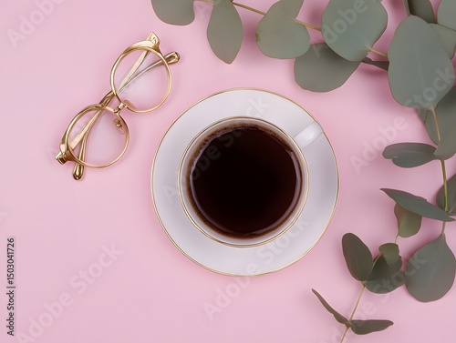 Top View Vertical Photo of Modern Workspace with Laptop and Office Supplies, cup of coffee