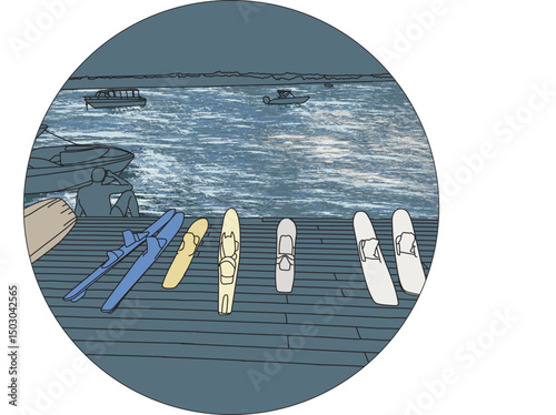 Sea view with water skis, boats and person