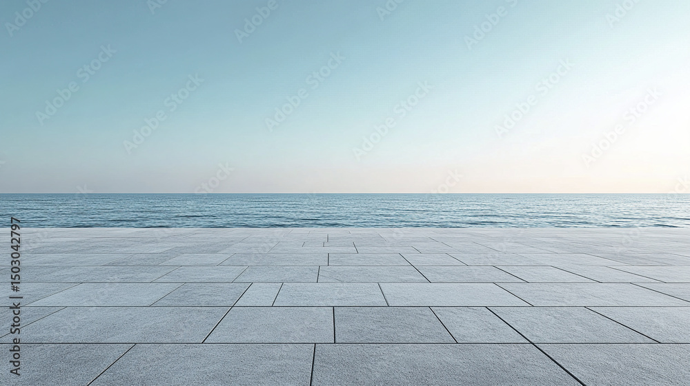 Fototapeta premium serene view of calm ocean meeting clear sky, with smooth concrete surface in foreground