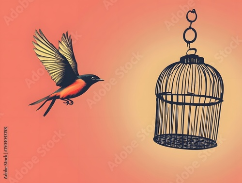 a bird flies freely away from an empty cage