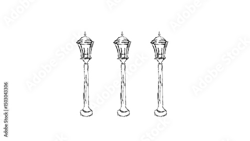 Elegant Streetlight Design Three Classic Lampposts, Architectural Sketch, Urban Lighting