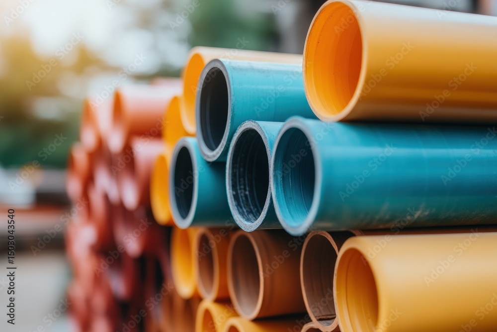 Stacked industrial pipes in various colors manufacturing and construction material Stacked industrial pipes in various colors manufacturing and construction material