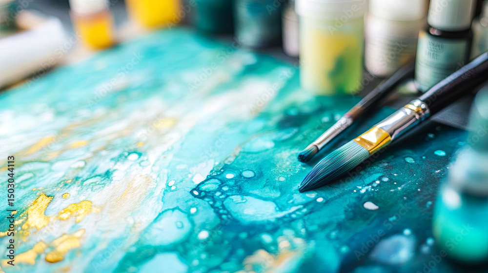 Obraz premium Vibrant watercolor illustration featuring a palette of teal and gold hues, with paintbrushes and containers arranged artistically, showcasing the creative process of painting