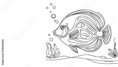 Continuous one single minimal line drawing under water fish