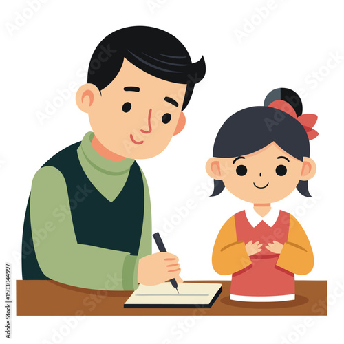 Asian father teaching daughter calligraphy vector illustration