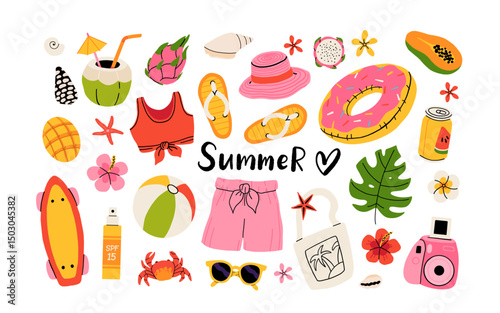 Set of summer stickers. Icons for tropical vacation. Flat vector seasonal collection with ice cream, pineapple, tropic leaves, plumeria, watermelon, surfboard, beach accessories, swimsuit