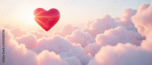 Vibrant red heart floats above soft pink clouds, illuminated by warm sunlight glow, creating dreamy and romantic atmosphere
