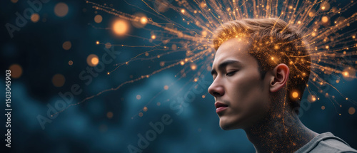 Young man with closed eyes is depicted against dark background, with glowing particles radiating from his head, symbolizing creativity