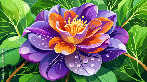 A close-up of a delicate purple and orange flower adorned with dewdrops, nestled in a lush green setting, captures natural beauty, freshness, and floral elegance in a vivid vector composition.