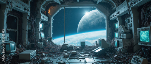 Futuristic space interior with tangled wires, old monitors, and stunning view of Earth through large window, evoking sense of isolation and wonder